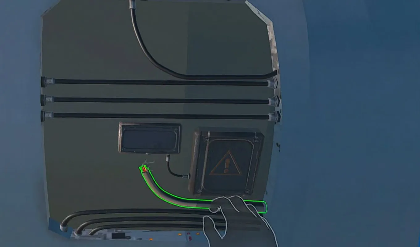 Mano virtual abriendo un panel de una máquina en realidad virtual